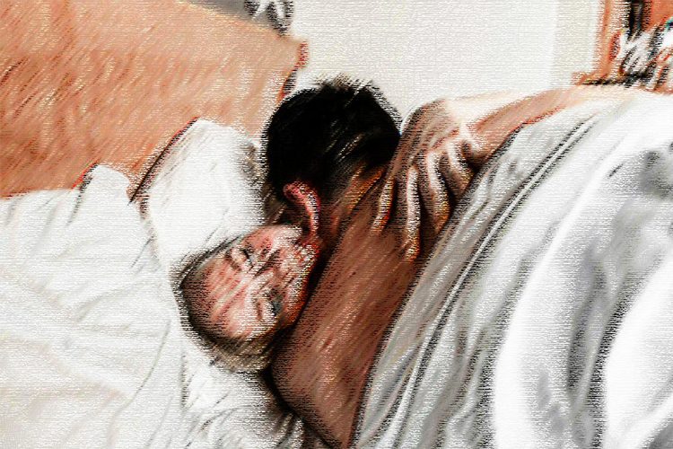 Young couple in hotel. Family waking up in the morning on bed. Cute couple waking up after a night sleep. Happy couple flirting and speaking in the morning on a comfortable bed at home. Relaxing after morning sex. Feets on bed