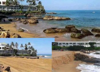 අලංකාර ගල්කිස්ස මුහුදු වෙරළ පැවති ආකාරය ( ඉහළ), වැලි පොම් කර පිරවීමෙන් පසු ( වම්පස) සහ මුහුදු රළ විසින් පිරවූ වැලි කන්ද මුහුදට රැගෙන ගොස් ඇති අයුරු ( දකුණේ).