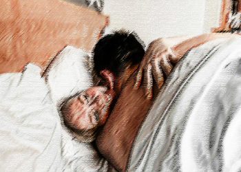 Young couple in hotel. Family waking up in the morning on bed. Cute couple waking up after a night sleep. Happy couple flirting and speaking in the morning on a comfortable bed at home. Relaxing after morning sex. Feets on bed