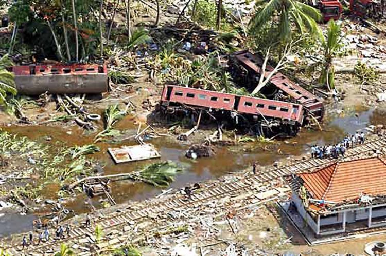 An aerial shot taken from a helicopter shows villagers search for the missing along railroad tracks at Telwatte, about 100 kilometers (63 miles) south of Colombo, Sri Lanka, Wednesday, Dec. 29, 2004. The massive tidal waves that slammed into Sri Lanka flung a train off its tracks, leaving many of its 1,000 passengers dead or missing, police said Tuesday.  Rescue workers reported another 3,009 deaths from Sunday's earthquake-triggered tsunami, lifting Sri Lanka's toll to 21,715, said the National Disaster Management Center.(AP Photo/Vincent Thian)