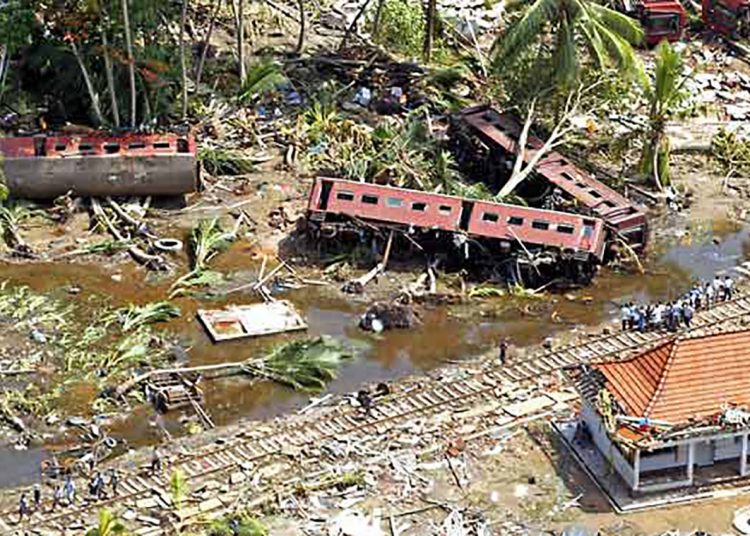 An aerial shot taken from a helicopter shows villagers search for the missing along railroad tracks at Telwatte, about 100 kilometers (63 miles) south of Colombo, Sri Lanka, Wednesday, Dec. 29, 2004. The massive tidal waves that slammed into Sri Lanka flung a train off its tracks, leaving many of its 1,000 passengers dead or missing, police said Tuesday.  Rescue workers reported another 3,009 deaths from Sunday's earthquake-triggered tsunami, lifting Sri Lanka's toll to 21,715, said the National Disaster Management Center.(AP Photo/Vincent Thian)