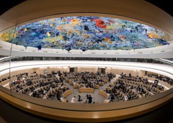 A picture taken on June 26, 2019 shows a general view of the United Nations Human Rights Council room during a debate on the report of (UN) special rapporteur on extrajudicial, summary or arbitrary executions of the killing of Saudi journalist Jamal Khashoggi in Geneva. (Photo by FABRICE COFFRINI / AFP)