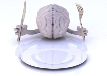 the brain with hands and utensils in front of an empty plate