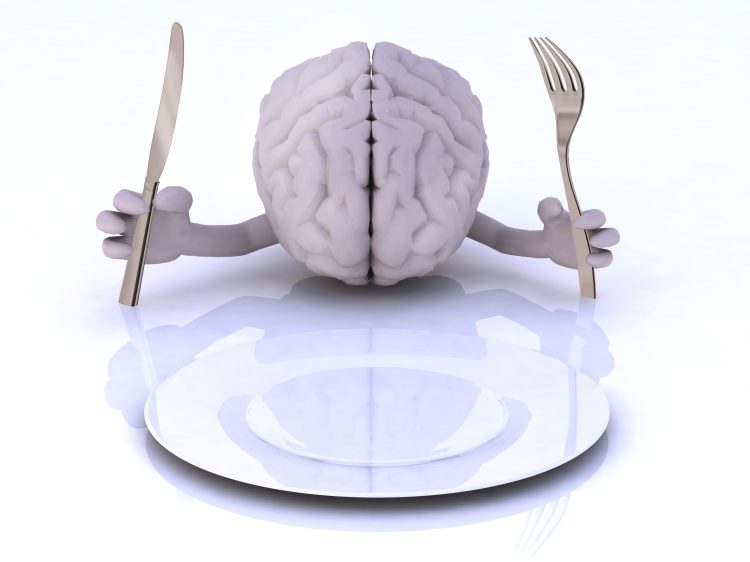 the brain with hands and utensils in front of an empty plate