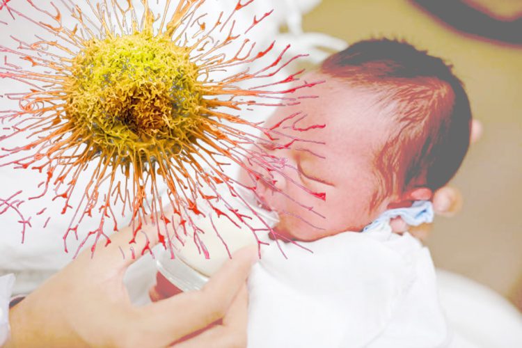 Newborn Baby drinking milk from glass cup.