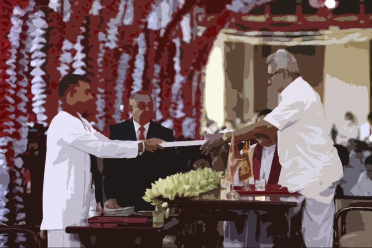 Kandy: Sri Lankan President Gotabaya Rajapaksa, right, hands over credentials to Namal Rajapaksa, elder son of prime minister Mahinda Rajapaksa after appointing him as the country's sports minister during a ceremony in Kandy, Sri Lanka, Wednesday, Aug. 12, 2020. Sri Lanka's president swore into office a new Cabinet on Wednesday that includes two of his elder brothers and a nephew, after a landslide election victory last week. AP/PTI(AP12-08-2020_000079A)