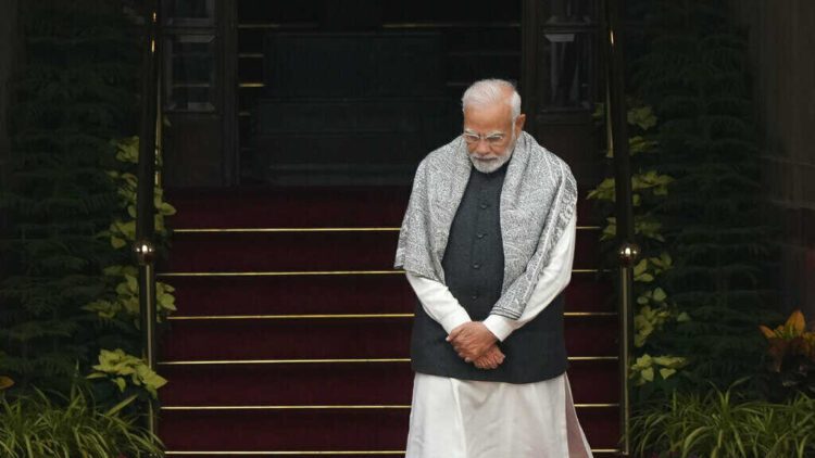 Indian Prime Minister Narendra Modi waits for the arrival of Egyptian President Abdel Fattah El-Sisi at Hyderabad house, in New Delhi, India, Wednesday, Jan. 25, 2023. Days after India blocked a BBC documentary that examines Modi’s role during 2002 anti-Muslim riots and banned people from sharing it online, authorities are scrambling to halt screenings of the film in colleges and universities and restricting its clips on social media, a move that has been decried by critics as an assault on press freedom. (AP Photo/Manish Swarup)