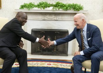 President Joe Biden shakes hands with South African President Cyril Ramaphosa in the Oval Office of the White House, Friday, Sept. 16, 2022, in Washington. (AP Photo/Alex Brandon)