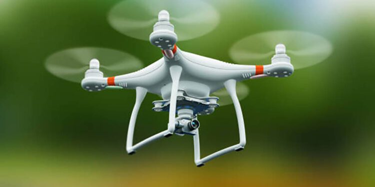 Creative abstract 3D render illustration of professional remote controlled wireless RC quadcopter drone with 4K video and photo camera for aerial photography flying in the air outdoors with selective focus effect