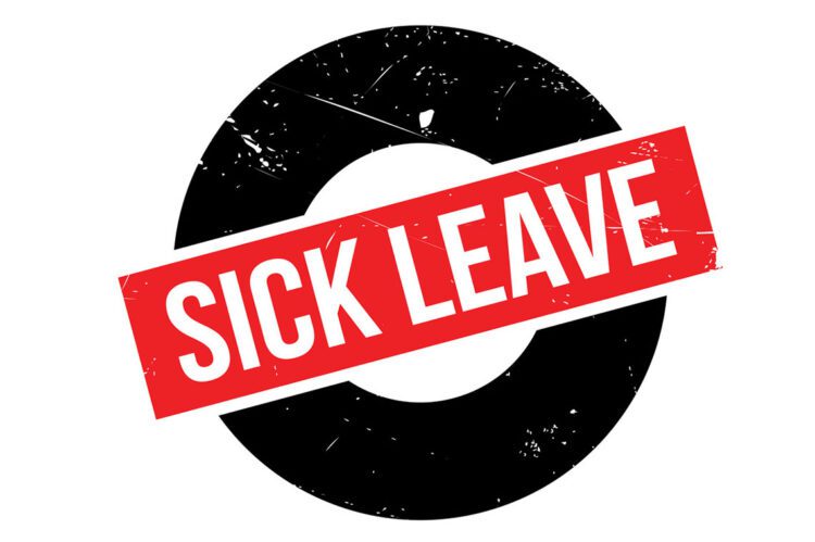 Sick Leave rubber stamp. Grunge design with dust scratches. Effects can be easily removed for a clean, crisp look. Color is easily changed.