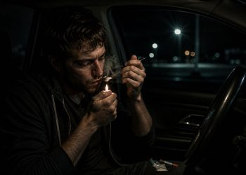 person sitting in the driver's seat on a dark background and smoking heroin